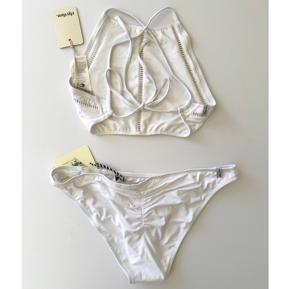 NWT Rhythm White High Neck Halter Hipster Cutout Bottom Size Large Coastal Boho - Picture 7 of 16
